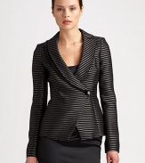 This chic, striped style features unique overlapping shawl and notched lapels, and a single faceted button closure.Double shawl and foldover lapelsAsymmetric button closureFully linedAbout 23 from shoulder to hemFully lined37% polyester/29% polyamide/21% wool/13% silkDry cleanMade in Italy of imported fabricModel shown is 5'10½ (177cm) wearing US size 4. 