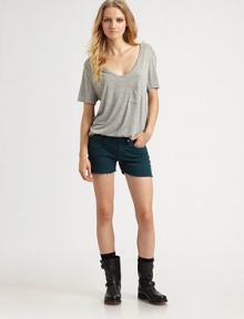This short denim look with raw edges instantly conveys laidback ease.THE FITMedium rise, about 8Inseam, about 3THE DETAILSZip flyFive-pocket styleFront rivetsContrast logo embroidery at back patch pocketRaw edge hem55% cotton/42% tencel/3% spandexMachine washMade in USA of imported fabricModel shown is 5'9 (175cm) wearing US size 4. This short denim look with raw edges instantly conveys laidback ease.THE FITMedium rise, about 8Inseam, about 3THE DETAILSZip flyFive-pocket styleFront rivetsContrast logo embroidery at back patch pocketRaw edge hem55% cotton/42% tencel/3% spandexMachine washMade in USA of imported fabricModel shown is 5'9 (175cm) wearing US size 4.