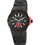 Red and ready to go, this Vince Camuto watch keeps the pace in black steel.