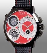 With a sophisticated red and black PVD dial, featuring four time zones and a date display, this watch keeps you cool--and in the know.