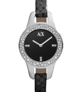 An exotic change of pace from AX Armani Exchange: an alluring timepiece with black leather and Swarovski sparkle.