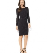 Delicate lace and shimmering sequins beautifully compliment one another on Lauren Ralph Lauren's scene-stealing petite evening dress constructed for a flattering, feminine fit.