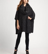 An oversized, boxy fit with a detachable neck wrap. Detachable cowlneckThree-quarter length dolman sleevesPull-on styleRibbed accentsAbout 30 from shoulder to hem48% acrylic/25% alpaca/25% wool/2% nylonDry clean