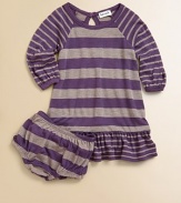 Thick-and-thin stripes on a soft heathered knit create a comfy dress for play and parties, complete with matching bloomers.Long sleeve pullover Banded neckline Raglan shoulders Drop waist with ruffled flounce Keyhole back button closure Matching bloomers with elasticized waist and leg openings 50% polyester/25% Supima cotton/25% modal Machine wash Imported