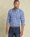 This slim fitting plaid button down by Tommy Hilfiger offers a casual yet contemporary look.