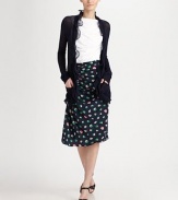 A sheer, fine-knit cashmere-silk design, embellished with prettily ruffled silk trim.Open frontLong sleevesSilk-trimmed ruffled edgesAbout 30 from shoulder to hem70% cashmere/30% silkDry cleanMade in ItalyModel shown is 5'10½(179cm)wearing US size Small. 