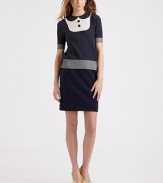 This comfy-chic jewel-neck pullover has three-quarter sleeves and a unique tuxedo-inspired print. JewelneckThree-quarter sleevesExposed back zipper55% nylon/45% cottonDry cleanImportedModel shown is 5'10 (177cm) wearing US size Small.