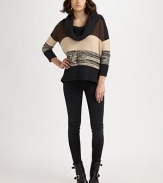 Bold stripes and strategically placed ribbing define this cozy, cotton-rich cowlneck. Ribbed cowlneck Three-quarter sleeves Ribbed hem 60% cotton/30% nylon/10% wool Dry clean Imported