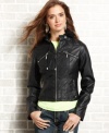 Love the shrunken, moto design of Jou Jou's faux-leather biker jacket! Industrial-cool zippers and an attached hood bring street-chic edge to this must-have layer.