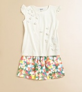 Sweet little rosettes are abloom on this crisp, clean knit with frilly flutter sleeves.CrewneckShort flutter sleeves60% cotton/40% viscoseMachine washImported