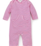 The perfect striped shortall crafted in soft cotton and accented with vented shoulders and a front kangaroo pocket.
