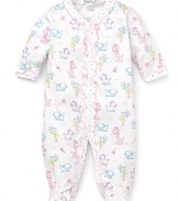 A cute, cozy style from Kissy Kissy, this animal print long sleeve footie is accented with contrast ruffle trim along the placket and leg.