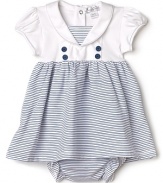 You little matey will make a splash in this picture-perfect nautical dress, embellished with a solid puff-sleeve bodice and ruffed stripe skirt.