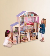 This adorable dollhouse is full of fun, interactive details sure to delight little girls of every age. Features include: 34 furniture pieces and accessories, eight rooms of open space to decorate, a moving elevator and a garage with swinging doors. Wide windows on both sides make it easy for them to see their dolls from different points of view.