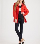 The trenchcoat meets the safari jacket in a versatile, lightweight cotton blend with a modern edge.Shoulder epaulets with buttonsSpread collarLong sleeves with button cuffsFour button-flap front pocketsHidden front zipperDrawstring waistFully linedAbout 30 from shoulder to hem60% cotton/40% nylonDry cleanImportedModel shown is 5'9½ (176cm) wearing US size Small. 
