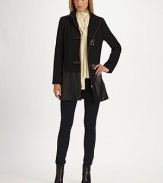 Classic A-line silhouette crafted from rich wool and leather, finished with chic horse-bit closures.Stand collar Slightly gathered bodice Long sleeves Horse-bit closures over center front zipper About 32½ from shoulder to hem 80% wool/20% nylon Dry clean Imported Model shown is 5'9½ (176cm) wearing US size 4.