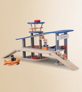 Made entirely of recycled materials, this set is complete with a flight control tower, a moveable elevator that connects the ground and second floors and a car park on the first floor. Set also includes a check-in counter and luggage conveyor-belt Additional pieces include an airplane, cargo trailer, and 2 figures of a pilot and captain For ages 3 and up About 28W X 13½H X 9D Keep dry Imported
