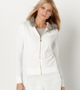 Lounge in luxury with this so-soft hoodie from Charter Club. Luxe extras like a goldtone zipper and hood with faux fur trim compliment cushy velour perfectly!