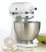 A kitchen classic, no culinary collection is complete without this powerful 250W stand mixer. Handy for everything from kneading dough to whipping cream, it features 10-speeds to give you complete control over every mixture. One-year warranty. Model K45SSWH.