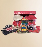 Indulge his imagination with this chock-full-of-fantasy treasure trove. Includes 4 hats, 3 vests, 2 bandanas, a cape, a mask, an eye patch, binoculars, a sheriff's badge, and more.Suitable for ages 3 and upImported