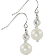 A classic look gets a contemporary twist. This pair of sterling silver earrings evokes elegance with cultured freshwater pearls (8-8-1/2 mm) and rhodium-plated sparkle beads with a Duralast finish for added luster. Approximate drop: 1-1/5 inches.