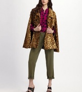 Channel retro-chic in this flares silhouette of faux leopard fur.Point collar Double-breasted button front Open sleeves Slash pockets About 30 from shoulder to hem 48% cotton/37% viscose/15% modal Dry clean Made in USA of imported fabric