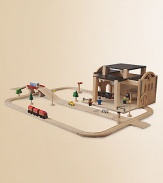 Made entirely from recycled materials, an unassuming wooden box transforms into a bustling train station. Includes road and rail tracks, train, train station, vehicles, figures, trees, traffic signs and lights For ages 4 and up About 17W X 11H X 15½D Keep dry Imported