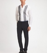 Classic-fit pant in lightweight virgin wool with check print waistband trim for an unexpected twist.Zip closureFront slash, back welt pocketsInseam, about 31WoolDry cleanMade in Italy