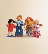 Made entirely from recycled materials, this set of four dolls has moveable arms and legs and comes dressed in colorful clothes. For ages 3 and up Set includes: father, mother and two children. Scaled to fit Plan Dollhouses. All sets are ideal for encouraging children to engage in role-playing and learning about different cultures and backgrounds About 2¼W X 5¼H X 1¼D Keep dry Imported