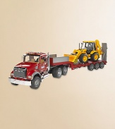 Incredibly realistic 1:16 scale model provides hours of imaginative play, with flatbed truck, loading trailer with fold-down ramp, Caterpillar bulldozer backhoe plus opening doors and lift-up hood displaying engine block.Plastic Truck, about 36¾L X 7¾W X 10½H Backhoe, about 20½L X 6¼W X 7¼H Recommended for ages 3 and up Made in Germany