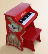 An adorable toddler piano sits on the ground and can easily be raised into an upright as a child grows. For ages 3 and up Dog decoration on one side Makes chime-like piano sounds Songbook included with classic songs Keys spaced to teach proper finger placement Removable color-coordinated strip guides small fingers from chord to chord Hardwood/hardboard 17W X 10¾H X 10½D Imported