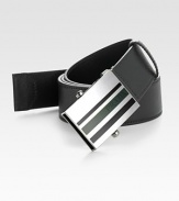 Smooth design with striped Prada embossed metal plaque buckle. About 1½ wide Made in Italy
