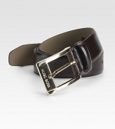 A smooth and sophisticated belt designed in fine calfskin leather with a shiny gold buckle. About 1 wide Imported 