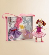 This carrying case is chock full of goodies and accessories for our favorite Nancy. The pretty tote includes: a 12 cloth Fancy Nancy, with multi-colored yarn hair, dressed in a shimmering fuchsia leotard that has a rose tutu and rosettes on the bodice and at the waist. Striped leggings, pink ballet slippers with yellow pom poms and a gold lame tiara on her head completes this Fancy Nancy outfit but there's more in the tote.
