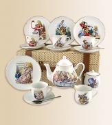This heirloom quality children's tea set features original John Tenniel illustrations from the classic story, Alice in Wonderland. Each porcelain piece is hand-embellished in 22k gold. Set includes four plates, four tea cups & saucers, one tall tea pot, sugar & creamer and four stainless steel spoons all beautifully and safely stored in a fabric-lined trunk case.Beautifully gift boxed, 15W X 12H X 7DPorcelainPlate, 6DTea cup, 3 oz. 