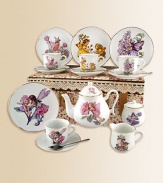 This heirloom quality children's set features a collection of Cicely Mary Barker's Flower Fairies. Each porcelain piece is hand-embellished in 22k gold. Set includes four plates, four tea cups & saucers, one tall tea pot, sugar & creamer and four stainless steel spoons all beautifully and safely stored in a fabric-lined trunk case.Beautifully gift boxed, 15W X 12H X 7DPorcelainPlate, 6DTea cup, 3 oz. 