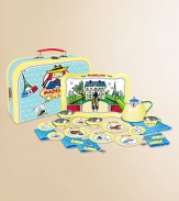 Madeline and her friends help set the table for tea with YOTTOY's deluxe 24 piece tin tea set. Our Madeline Tea Set features an illustrated tray, teapot, four cups and saucers, four plates, four spoons, and four blue monogram patterned napkins and matching tablecloth, setting the perfect party for four!