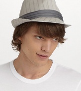 Sophisticated pinstripes pattern this trendy accessory with a contrast band and topstitched brim.Brim, 1 W Fully lined 46% polyester/29% cotton/25% viscose Imported