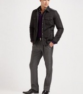 Handsome flat front style with a subtle pinstripe pattern for some polished edge.Narrow waistband with belt loops and button closure Front zipper Dual slash pockets at sides Dual button welt pockets at back Unfinished hems 70% polyester/27% viscose/3% elastane Dry clean Imported of Italian fabric