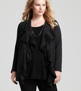 Thoughtful tailoring creates this flowing Eileen Fisher long cardigan, with ruffles that flutter down the open front and strategic gathering at the back to cut a flattering shape.