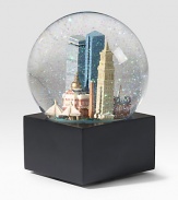 EXCLUSIVELY OURS. Specks of iridescence float around the landmarks of Boston including: Quincy Market, Hancock Tower, Fanueil Hall Glass dome and resin figures Plays Yankee Doodle 6 high Imported