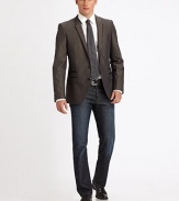 Classic, sophisticated two-button silhouette, in fine cotton trimmed in leather for a contemporary touch.ButtonfrontWaist flap pocketsRear ventFully linedAbout 28 from shoulder to hemCottonDry cleanImported
