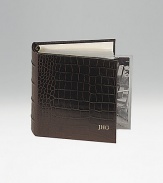 Crafted of crocodile-embossed Italian calfskin, this handsome design is the perfect way to store and display treasured photos. 18 clear pocket leaves hold 36, 4 X 6 photos 5½ X 6¾ Made in USAFOR PERSONALIZATIONSelect a color and quantity, then scroll down and click on PERSONALIZE & ADD TO BAG to choose and preview your monogramming options. Please allow 1 week for delivery.