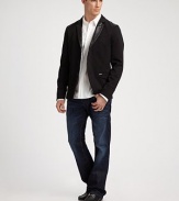 Refreshingly modern take on a classic blazer with superb details and topped with a leather-trimmed collar.Notch lapelThree-button frontFront patch pocketsAbout 27 from shoulder to hemCottonDry cleanImported