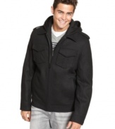 Let your outwear be anything but dull with the sleek, military-infused style of this wool zip-front jacket from Guess, fully equipped with a removable knit hood.