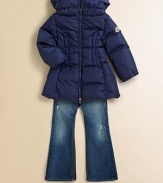 A weather-resistant, down-filled jacket with feminine Princess seams and an A-line silhouette. Stand-up collar Detachable hood Long sleeves with elastic cuffs Front zip closure Logo patch on arm Side zip slash pockets Nylon Down fill Dry clean Imported of Italian fabric