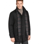 Polish up your cold-weather look with the warm convenience of this London Fog wool-blend jacket, complete with an attached plaid scarf.
