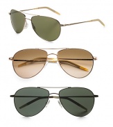 The sporty classic with lightweight metal frames and double-bridge detail. Available in gold frames with mineral glass green lenses or silver frames with mineral glass grey lenses. 100% UV protective Imported 