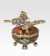 Carefully placed Swarovski crystals lend an opulent, heirloom-quality touch to a charming keepsake box handcrafted in brass ox-plated pewter. Swarovski crystal detailWipe clean2¼W X 1¼H X 1¾DHandmade in USA