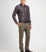 A sleek, modern update on the cargo pant tailored with a slim fit with flat-laying cargo pockets on the legs. Side slash, back pockets Flap cargo pockets Inseam, about 32 98% cotton/2% elastane Dry clean Imported 